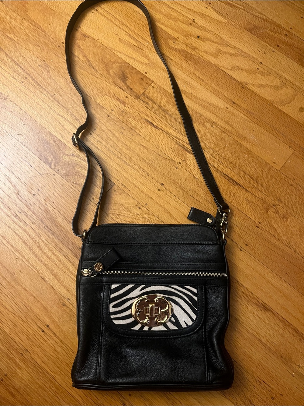Emma Fox Black Crossbody Bag with Zebra-Print Accent and Gold Hardware
